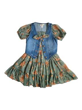 Rare Editions Girls 8 Sage Floral Puff Sleeve Dress & Denim Vest Set NWT